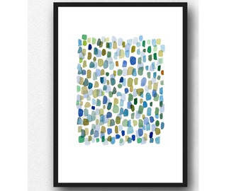 Rain, Abstract Watercolor Art Print,  Watercolor Art Blue Green Drops