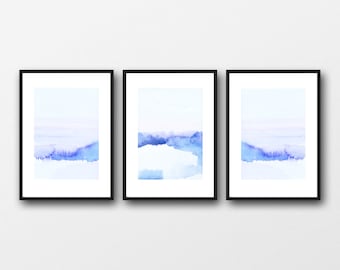 Abstract Landscape Wall Art, Set of 3 Prints,Triptych, Blue Landscape Painting