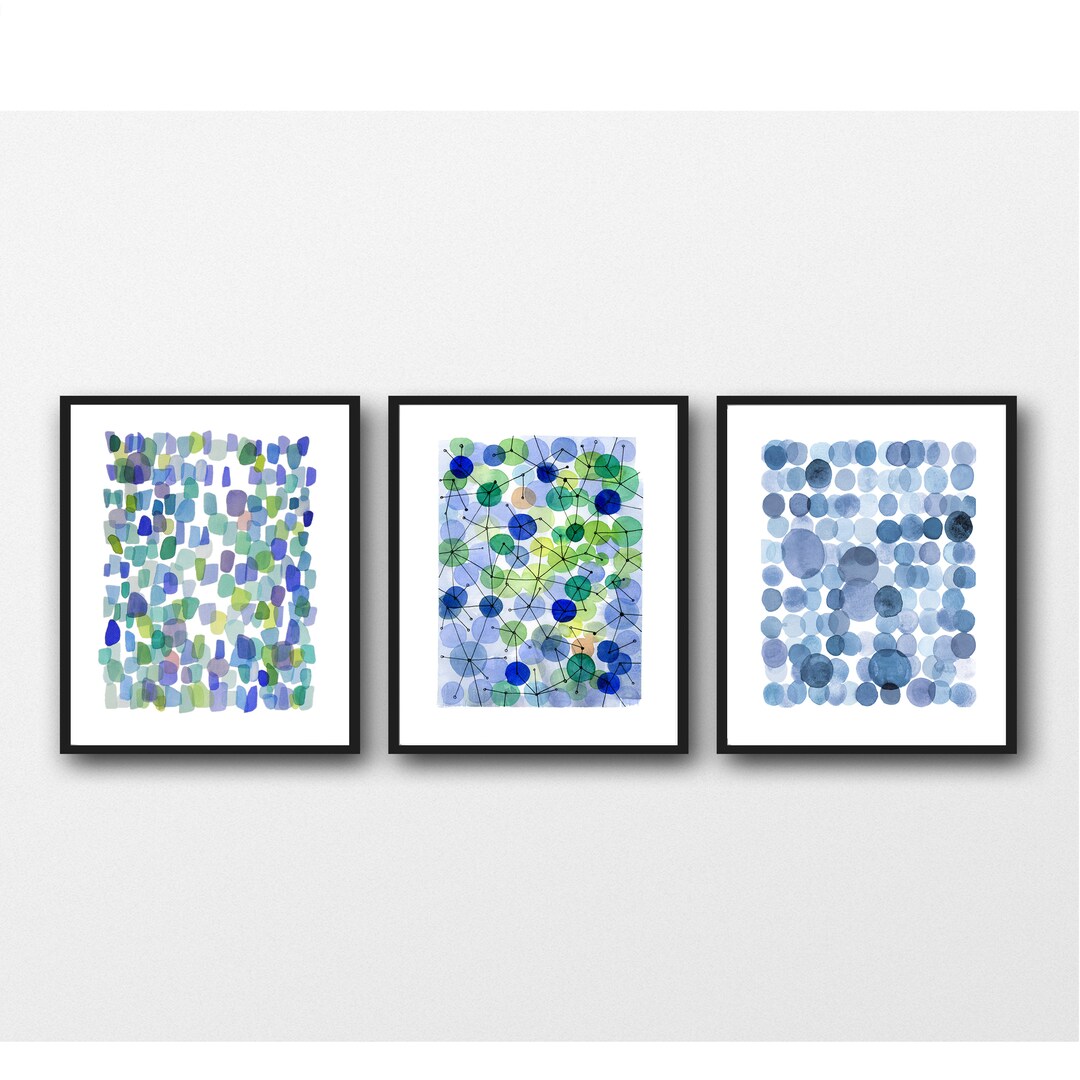 Watercolor Print Set, Blue Wall Decor, Set of 3 Prints, Watercolor