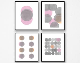 Abstract Watercolor Print Set of 4, Gray Pink, Watercolor Prints, Abstract Minimalist Gallery Wall