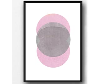 Modern Minimalist art, Abstract minimal Gray Pink Watercolor painting, geometrical circles, zen art, abstract painting, watercolor print