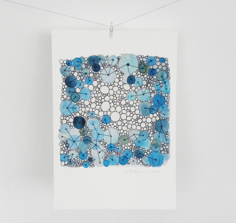 Abstract Watercolor, Blue Bathroom decor, Watercolor print, connections, dot and line image 4