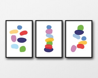 Wall Art Set of 3 Abstract Prints, Colorful Modern Art, Pebbles Art, Nursery room decor, Bold colors