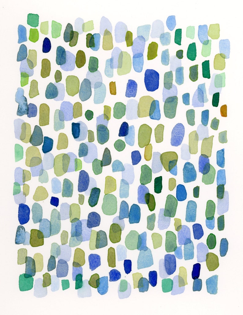 Rain, Abstract Watercolor Art Print, Watercolor Art Blue Green Drops image 4