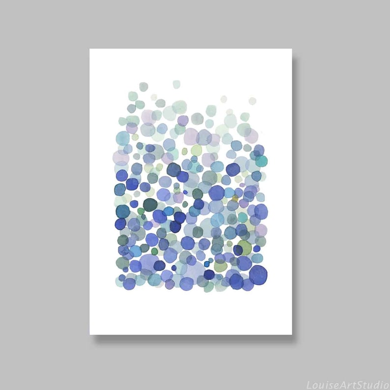 Abstract Watercolor Print, Minimalist Watercolor Painting Cobalt Blue Bubbles, Waterdrop Art abstract print image 5