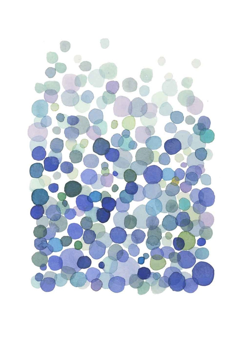 Abstract Watercolor Print, Minimalist Watercolor Painting Cobalt Blue Bubbles, Waterdrop Art abstract print image 1