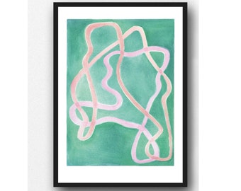 Emerald Green and soft Pink, Abstract Watercolor Print, Contemporary Wall Art