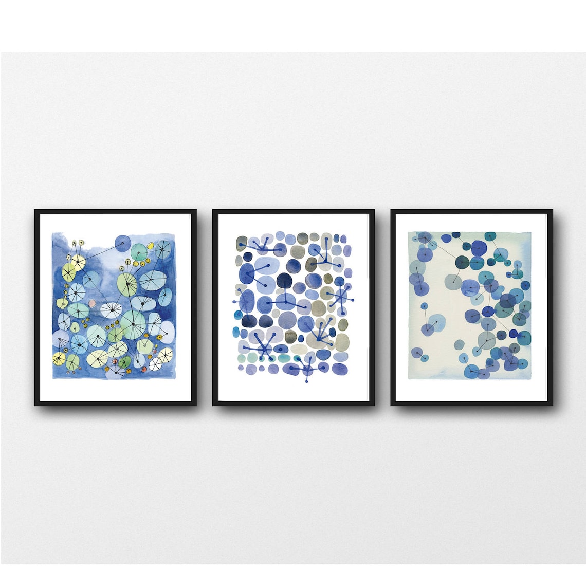 Set of 3 Watercolor Prints Blue Wall Art Living Room Decor - Etsy
