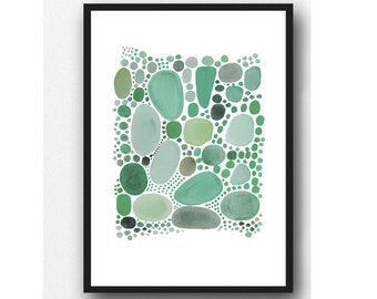 Art by Louise van Terheijden, Abstract Watercolor Green Pebbles, Watercolor Print