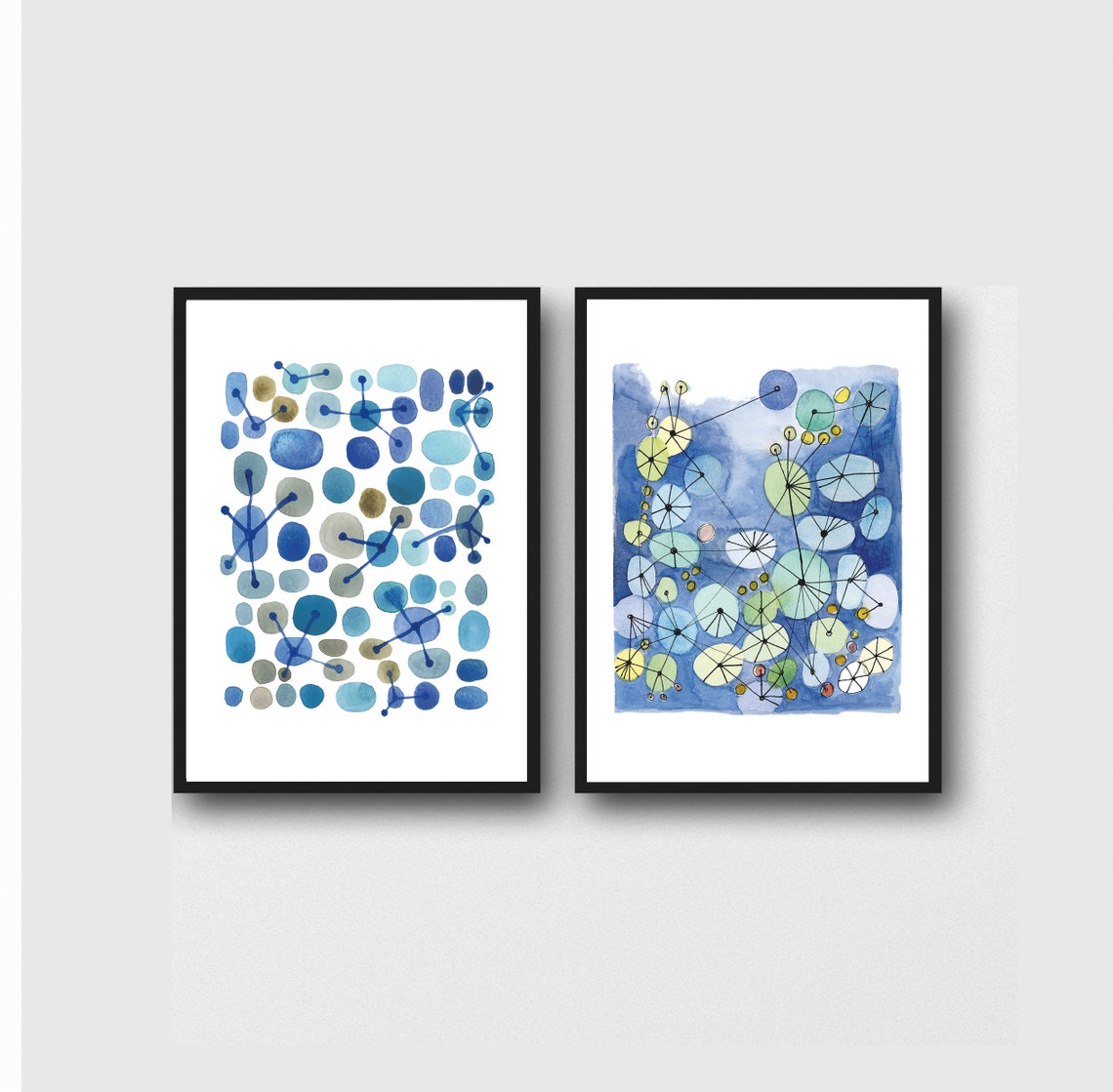 Set of 2 Prints Blue Modern Wall Art Blue Bathroom Etsy