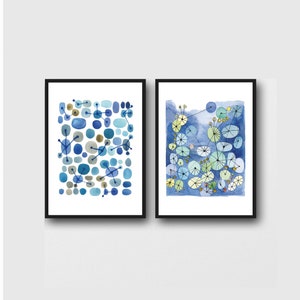 Set of 2 prints, Blue modern Wall Art, Blue Bathroom Watercolor paintings, Abstract Paintings