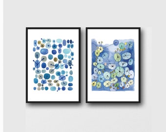 Set of 2 prints, Blue modern Wall Art, Blue Bathroom Watercolor paintings, Abstract Paintings