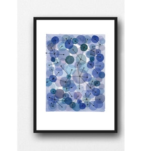 Point an Line, Blue painting, Constellation, abstract watercolor Blue Circles, abstract modern wall art