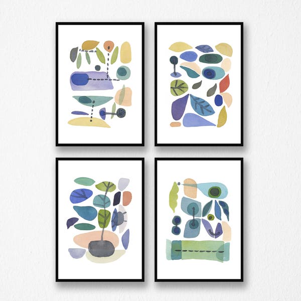 Set van 4 prints, Cadeau voor haar, Natuur geïnspireerde prints, aquarel schilderijen, keuken decor, home decor, Scandinavische Kunst prints