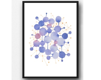 Blue Abstract Watercolor print, Constellation of Circles Connected, Geometrical Wall Decor