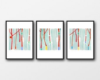 Watercolor Print Set of 3, Watercolor Paintings,  Nature inspired Red Trees, Abstract Art, Gallery Wall Art