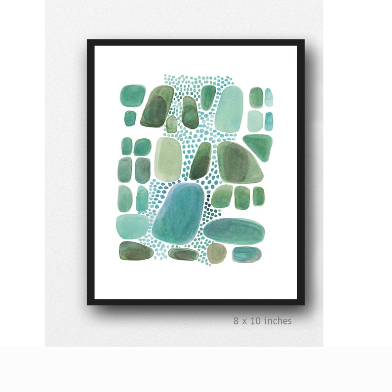 watercolor painting emerald green pebbles, modern abstract art, nature inspired painting image 2