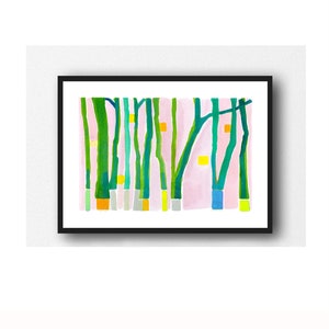 Landscape Art, Forest Wall Art, Abstract Watercolor Painting, Green Nature Trees