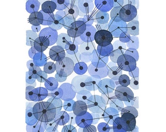 Bubbles blue dots - Abstract Art painting - ultramarine dots connected - watercolor painting blue white