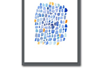 Cobalt blue Abstract watercolor painting blue orange watercolor print  nautical home decor Sea glass art