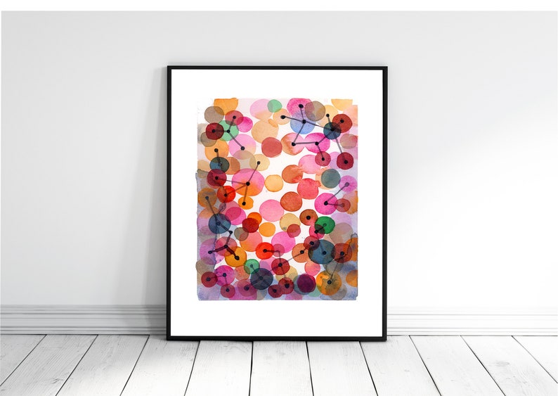 Abstract Painting, Watercolor Print, Constellation, Red pink Circles image 3