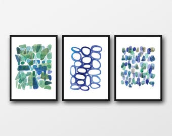 Wall Art Set of 3 Prints, Watercolor Paintings set Blue Green Watercolor Prints,Abstract Art Prints,Nautical Style