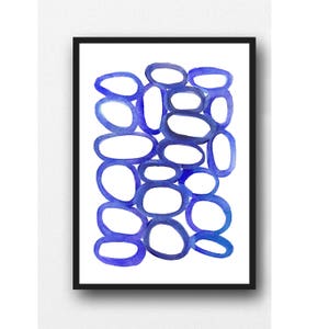 Abstract minimal watercolor blue pebbles watercolor print - watercolor ultramarine circles abstract watercolor painting