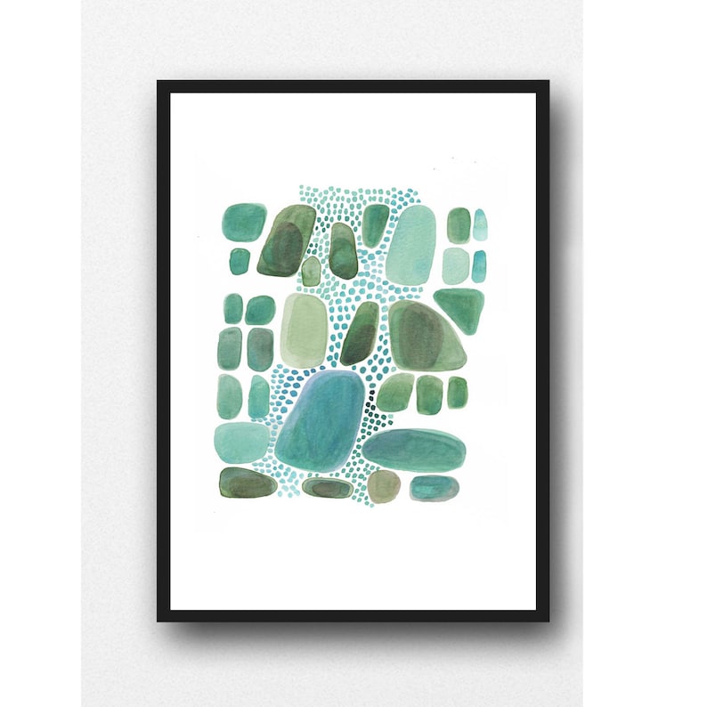 watercolor painting emerald green pebbles, modern abstract art, nature inspired painting image 1