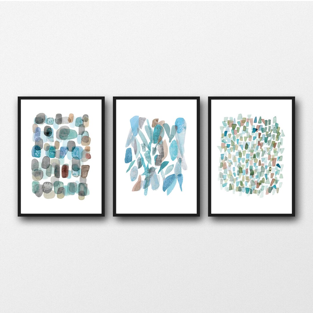 Blue Wall Art, Abstract Watercolor Prints, Sea Glass Art, Set of 3 - Etsy