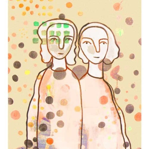 Fine Art print Giclee Best Friends  twin Sisters sepia vintage look  beige cream dots spots mother daughter