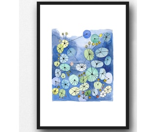 Watercolor print, cobalt blue painting Constellation watercolor geometrical, connected circles