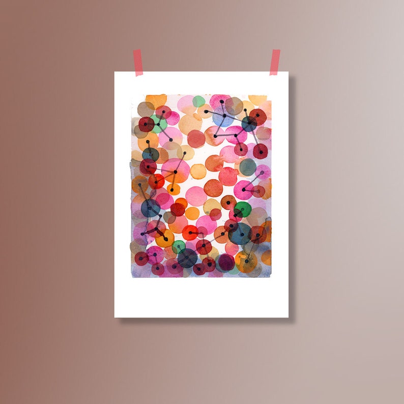 Abstract Painting, Watercolor Print, Constellation, Red pink Circles image 6