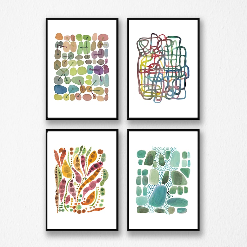 Set Of 4 Watercolor Prints Abstract Wall Art Modern Gallery Decor