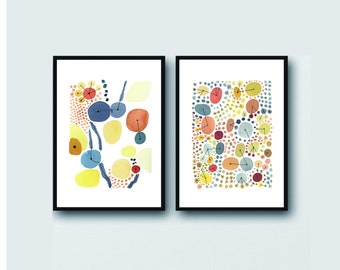 Watercolor Art, Set of 2 , Watercolor Paintings,  Orange Yellow Gray Abstract Art, Gallery Wall Art