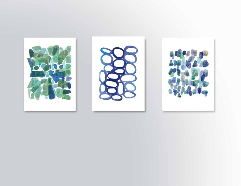 Wall Art Set of 3 Prints Watercolor Paintings Set Blue Green - Etsy