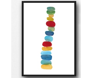 Abstract Colorful Pebbles Print, Childrens Nursery Wall Decor Stones Tower in Primary Red Blue Yellow Colors