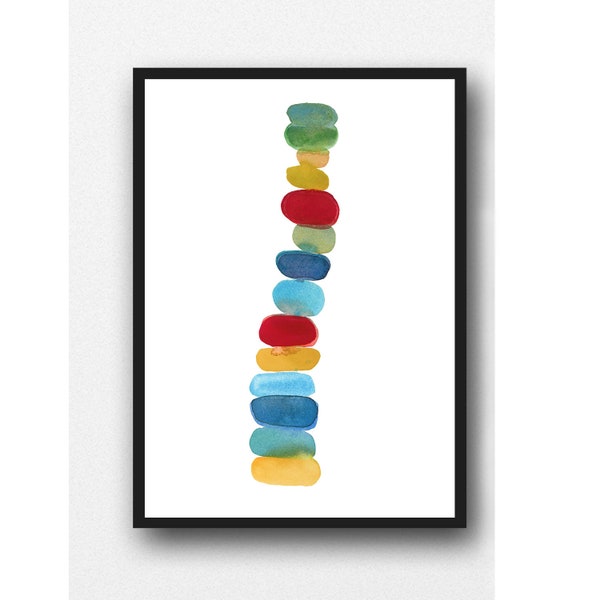 Abstract Colorful Pebbles Print, Childrens Nursery Wall Decor Stones Tower in Primary Red Blue Yellow Colors