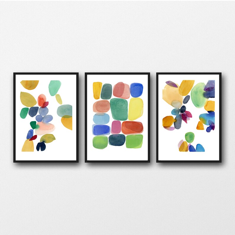 Abstract Watercolor Art Paintings Colorful Wall Set Of 3 Prints Red Green Blue Yellow
