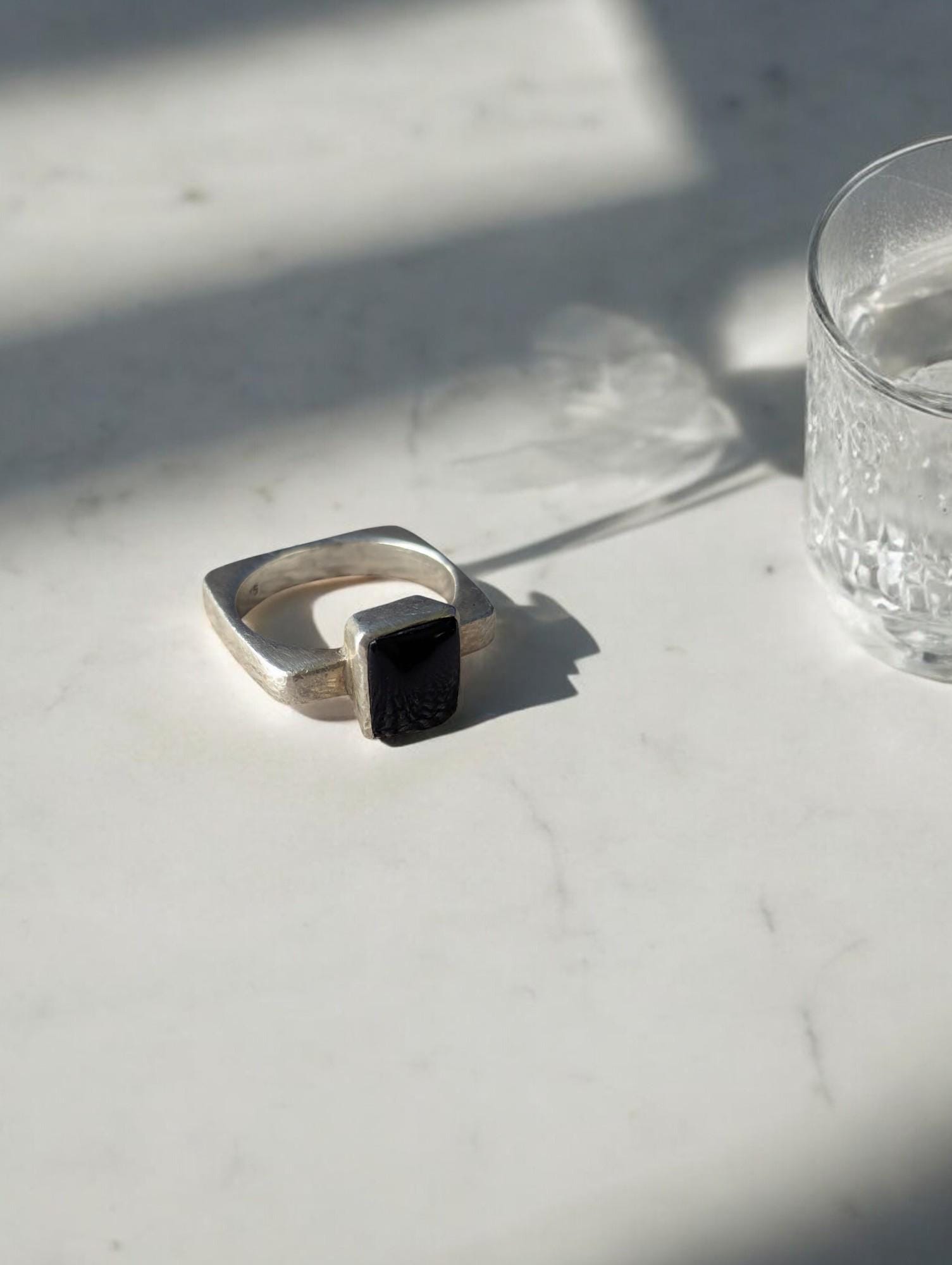 Midnight Frame – Geometric Sterling Ring with Onyx Stone (925, Size 8.5)