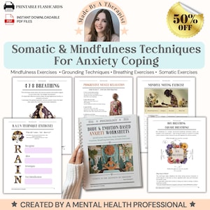 May include: A digital download featuring printable worksheets and flashcards for somatic and mindfulness techniques for anxiety coping. Includes exercises on 4-7-8 breathing, progressive muscle relaxation, and box breathing. The product is created by a mental health professional.