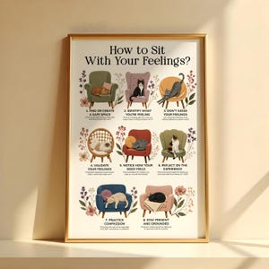 Op de afbeelding: Een ingelijste poster getiteld How to Sit With Your Feelings? met acht illustraties van katten die in verschillende stoelen rusten, elk gecombineerd met een genummerde stap en bloemmotieven op een crèmekleurige achtergrond.