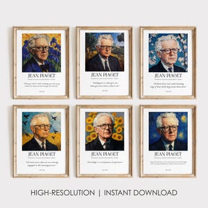 Peut inclure: Un ensemble de six impressions d'art encadrées représentant des portraits de Jean Piaget. Chaque impression inclut le nom Jean Piaget, le texte Pioneer of Cognitive Development Theory, une citation unique et un arrière-plan distinct.