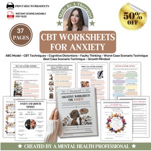 CBT Worksheets for Overcoming Anxiety: Cognitive Reframing, Cognitive Distortions, Growth Mindset (Digital Download)