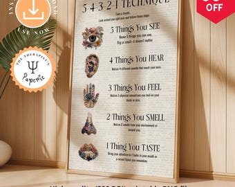 54321 Grounding Technique Poster: Calming Down Posters, Trendy Wall Art For Therapy Office, Calming Strategies Art, Cozy Therapy Office