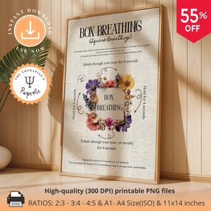 Póster de respiración en caja: Respiración consciente, pósteres relajantes, arte mural moderno para consultorios de terapia, arte con estrategias relajantes