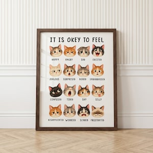 Può includere: Un poster incorniciato intitolato IT IS OKEY TO FEEL che presenta sedici volti di gatti illustrati con varie espressioni. Ogni gatto è etichettato con un'emozione, tra cui felice, arrabbiato, triste, eccitato, geloso, sorpreso, annoiato, imbarazzato, confuso, stanco, timido, sciocco, deluso, preoccupato, spaventato e frustrato.