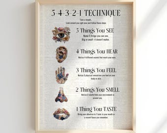 Może przedstawiać: Oprawiony plakat edukacyjny zatytułowany 5-4-3-2-1 TECHNIQUE z czarnym tekstem na jasnym tle. Zawiera kwiatowe ilustracje oka, ucha, dłoni, nosa i ust, odpowiadające krokom sensorycznym dotyczącym wzroku, słuchu, dotyku, węchu i smaku.