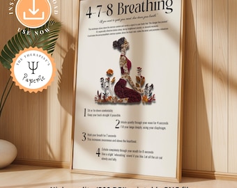 4-7-8 Breathing Poster: Mindful Breathing, Calming Down Posters, Trendy Wall Art For Therapy Office, Calming Strategies Art