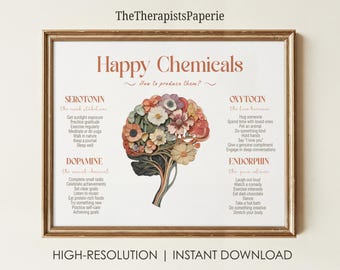 Happy Chemicals Poster, Dopamine Serotonin Oxytocin Endorphin Art, Neuroscience Wall Art, Printable Therapy Decor