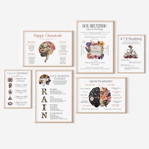 Op de afbeelding: Een set van zes educatieve wandposters met technieken en diagrammen voor mentale gezondheid. De posters bevatten Happy Chemicals, Box Breathing, 4-7-8 Breathing, 5-4-3-2-1 Technique, R.A.I.N. Awareness en Growth Mindset met bloemrijke illustraties.